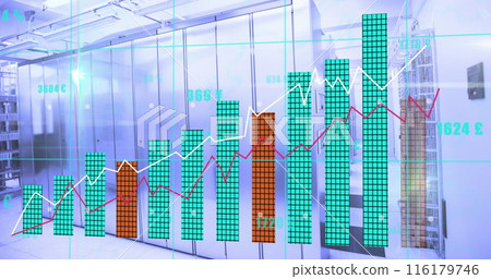 Image of statistical data processing and light spots against computer server room Image of statistical data processing and light spots against computer server room 116179746