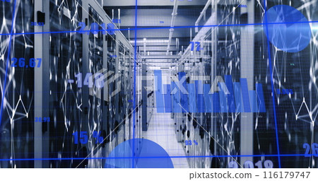 Image of statistical data processing and network of connections against computer server room Image of statistical data processing and network of connections against computer server room 116179747