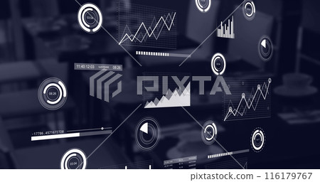Image of statistical data processing against empty office Image of statistical data processing against empty office 116179767