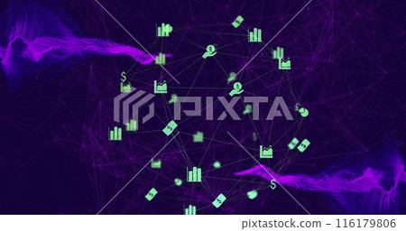 Image of graph and dollar sign icons connecting with lines and forming globe over mesh network 116179806