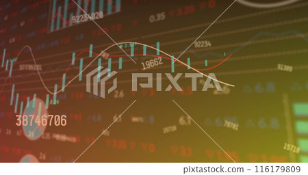 Image of changing numbers, statistical, stock market data processing on gradient background 116179809