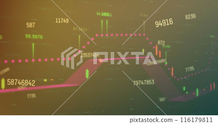 Image of changing numbers over multicolored graphs against black background Image of changing numbers over multicolored graphs against black background 116179811