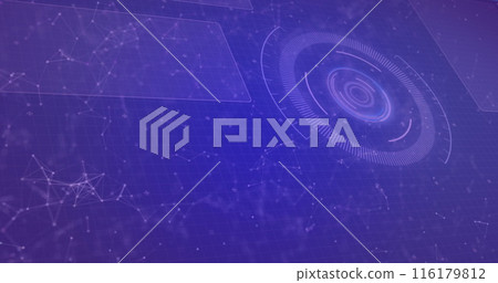 Image of network of connections and digital icons against interface with data processing Image of network of connections and digital icons against interface with data processing 116179812