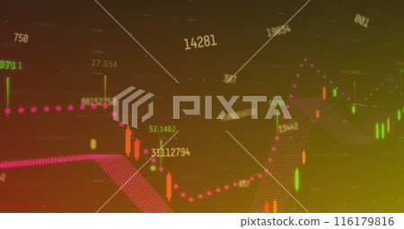 Image of changing numbers and financial data processing on orange gradient background 116179816