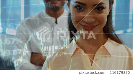Image of graphs and stock market data moving over smiling biracial businessman and businesswoman Image of graphs and stock market data moving over smiling biracial businessman and businesswoman 116179820