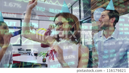 Image of stock market data moving over multiracial colleague dancing in office party 116179821