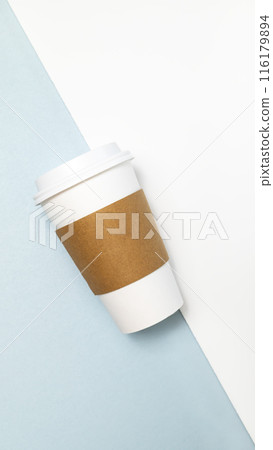 Mockup Paper Drinks Mug, Cup with White Lid and Corrugated Sleeve On White and Blue Background. Eco Hot Beverage Tumbler, Vertical Plane, Copy Space. On the Go Food Service Application 116179894