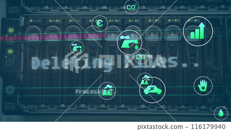 Image of icon in circles over back panel of data server system in server room 116179940