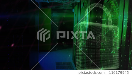 Image of globe, graphs, computer language, padlock, letters, symbols, numbers over server room Image of globe, graphs, computer language, padlock, letters, symbols, numbers over server room 116179945