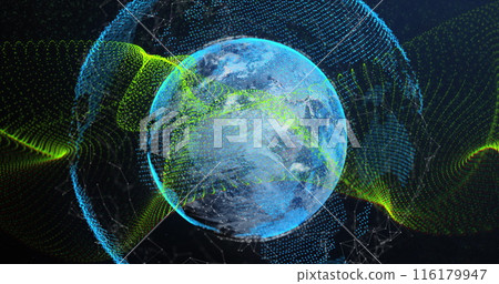 Image of dynamic waves over connected dots around globe against abstract background Image of dynamic waves over connected dots around globe against abstract background 116179947