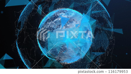 Image of triangles over connected dots around globe against abstract background 116179953