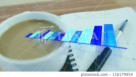 Image of growing graphs over coffee and pen on to do list in notepad on wooden table Image of growing graphs over coffee and pen on to do list in notepad on wooden table 116179954