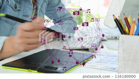 Person in denim jacket draws on tablet, with a digital interface floating above 116180000