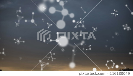 Numerous white molecular structures are floating against dark, cloudy sky backdrop 116180049
