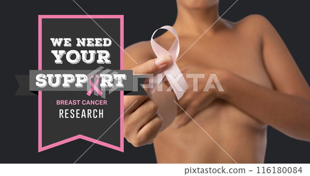Image of breast cancer awareness text over woman covering breast 116180084