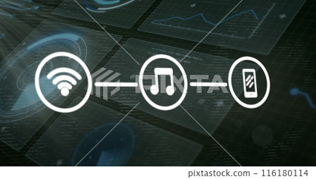 Image of media icons over data processing on black background Image of media icons over data processing on black background 116180114