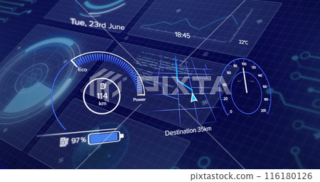 Image of car cockpit over data processing on blue background Image of car cockpit over data processing on blue background 116180126