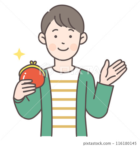 Illustration of a man holding a wallet and giving directions 116180145