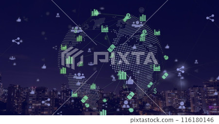 Image of financial data processing and globe over cityscape Image of financial data processing and globe over cityscape 116180146