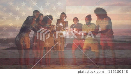 Image of flag of united states of america over happy diverse friends with sparklers on beach Image of flag of united states of america over happy diverse friends with sparklers on beach 116180148