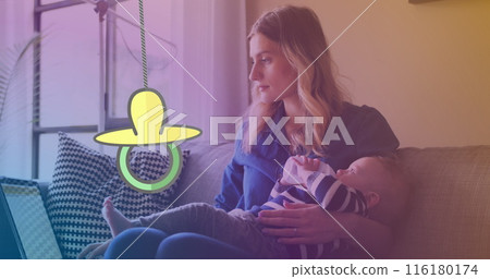 Image of dummy hanging over caucasian woman with baby 116180174