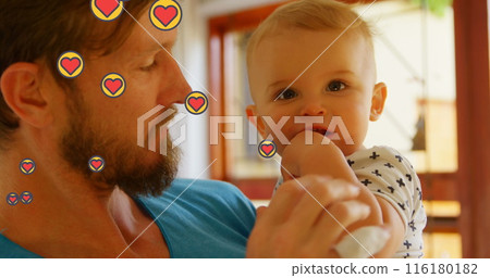 Image of heart icons over caucasian father with baby 116180182