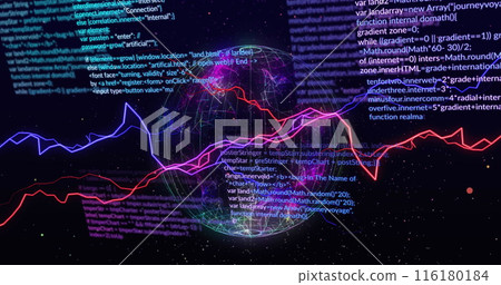 Image of data processing and globe on black background Image of data processing and globe on black background 116180184