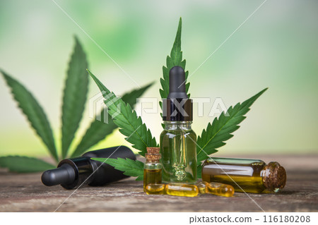 Hemp oil bottle with hemp leaf and cannabis leaf, marijuana 116180208