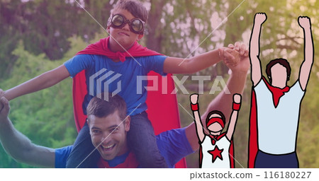 Image of superheroes over happy caucasian father and son dressed like superheroes in park Image of superheroes over happy caucasian father and son dressed like superheroes in park 116180227