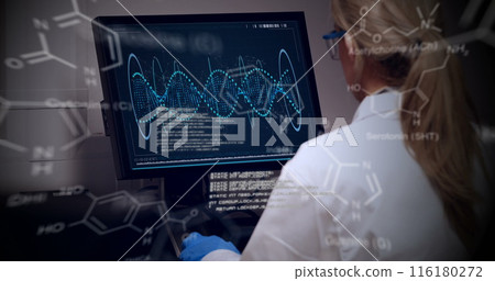Image of scientific data over caucasian female lab worker using computer Image of scientific data over caucasian female lab worker using computer 116180272