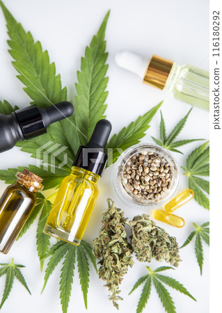 Cannabis leaf with hemp seeds and marijuana oil, cbd 116180292