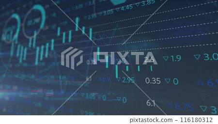 Image of financial data processing over cityscape 116180312