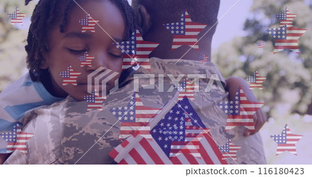 Image of stars with usa flags over african american soldier father hugging daughter Image of stars with usa flags over african american soldier father hugging daughter 116180423