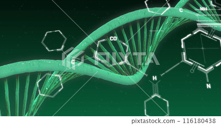 Image of chemical structures over dna strand spinning on green background 116180438