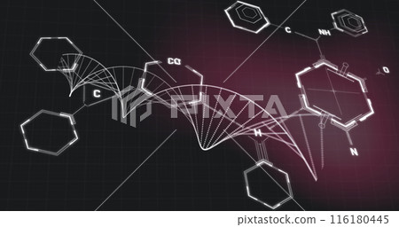 Image of chemical structures over dna strand spinning on black background 116180445