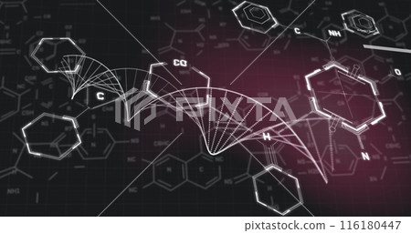 Image of chemical structures over dna strand spinning on black background 116180447