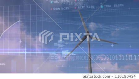 Image of financial data processing and binary coding over wind turbine 116180454