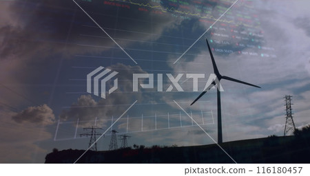 Image of financial data processing over wind turbine 116180457
