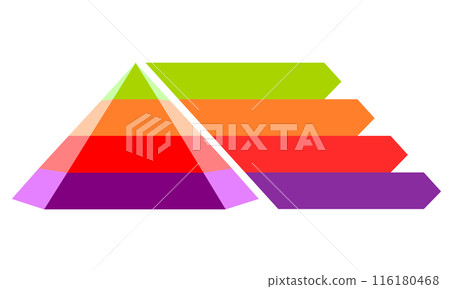 Infographic illustration of green with orange with purple and red triangle divided and cut and space for text, Pyramid shape four layers for presenting business ideas or disparity 116180468
