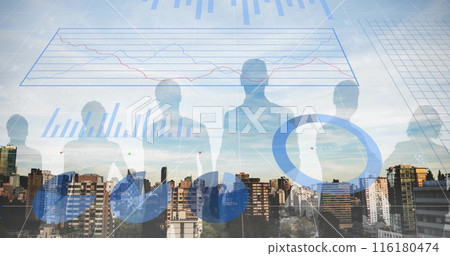 Image of financial graphs and people silhouettes over cityscape 116180474