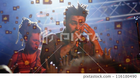 Image of icons floating over diverse male singer and musician on concert 116180490