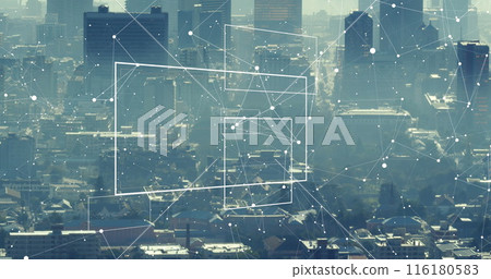 Image of interface with data processing and network of connections over aerial view of cityscape Image of interface with data processing and network of connections over aerial view of cityscape 116180583