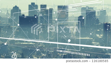 Image of interface with data processing and network of connections over aerial view of cityscape 116180585