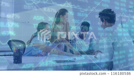 Image of stock market over diverse business people 116180586
