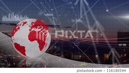 Image of digital globe with computer network, arrows and graphs rotating against cityscape 116180594