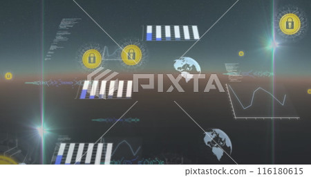 Image of digital padlocks with globes, programming codes and business graphs moving on abstract 116180615