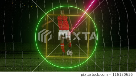 Image of neon geometrical shapes rotating over african american male soccer player Image of neon geometrical shapes rotating over african american male soccer player 116180636