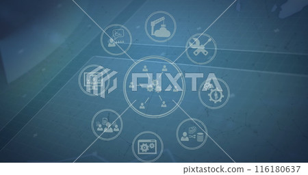 Image of digital computer icons in circles rotating over programming language 116180637