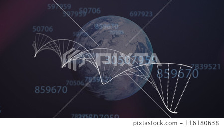 Image of dna over globe and numbers on black background Image of dna over globe and numbers on black background 116180638