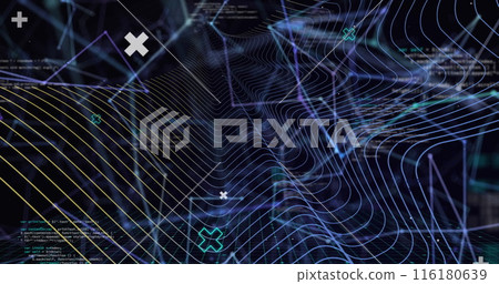 Image of digital dots interconnecting with lines and programming data with wave patterns 116180639